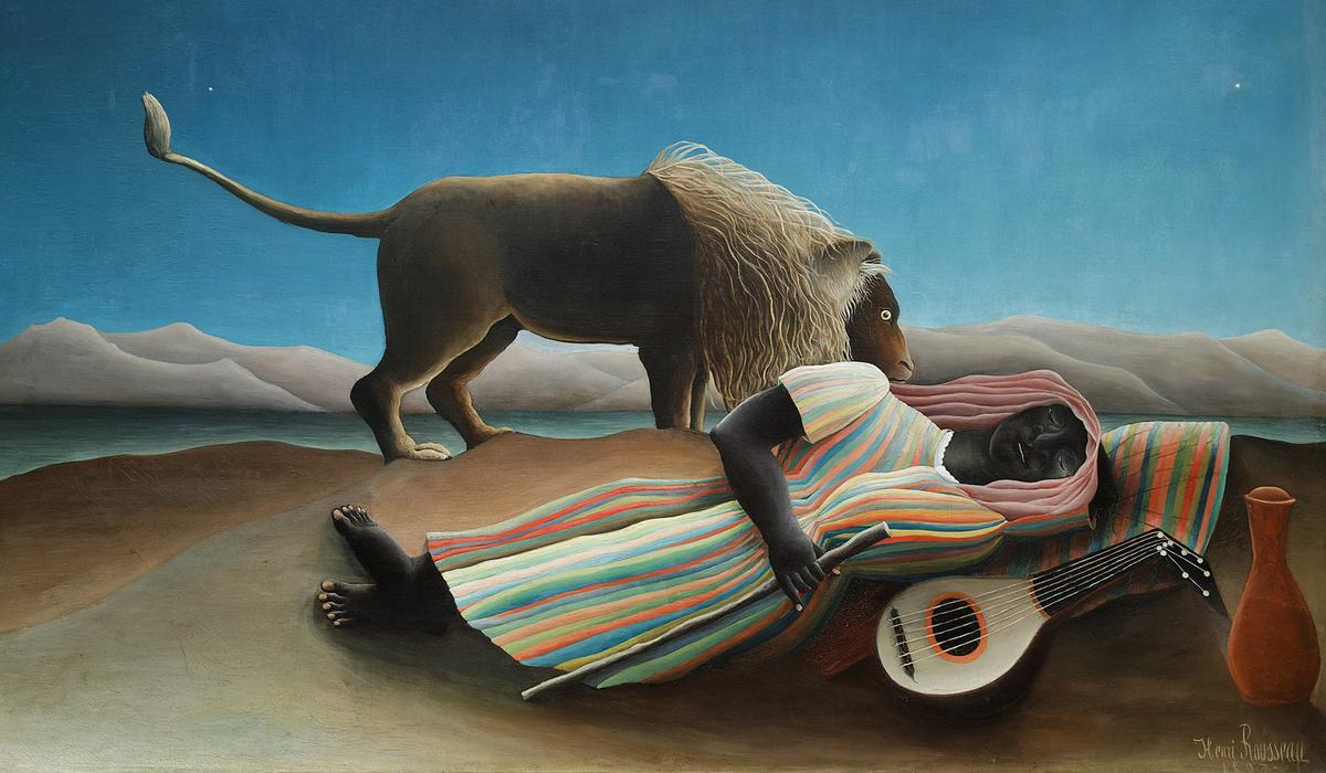 Painting of a person in a colourful robe sleeping on a desert ground with a lute beside them, and a lion standing over them under a night sky.