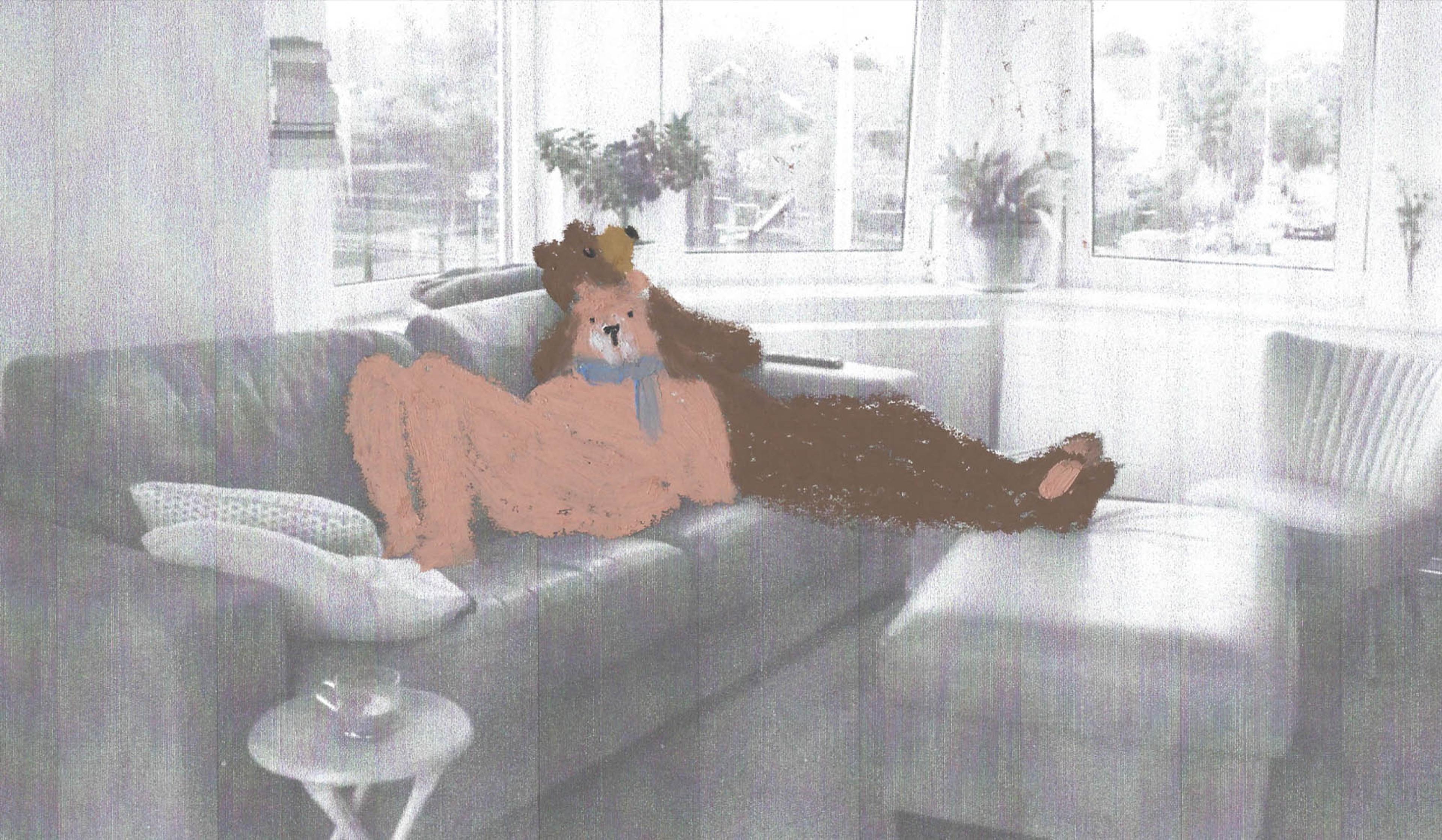 Painting of two brown bears lounging on a sofa in a black-and-white living room with large windows, plants, a side table and a cup.
