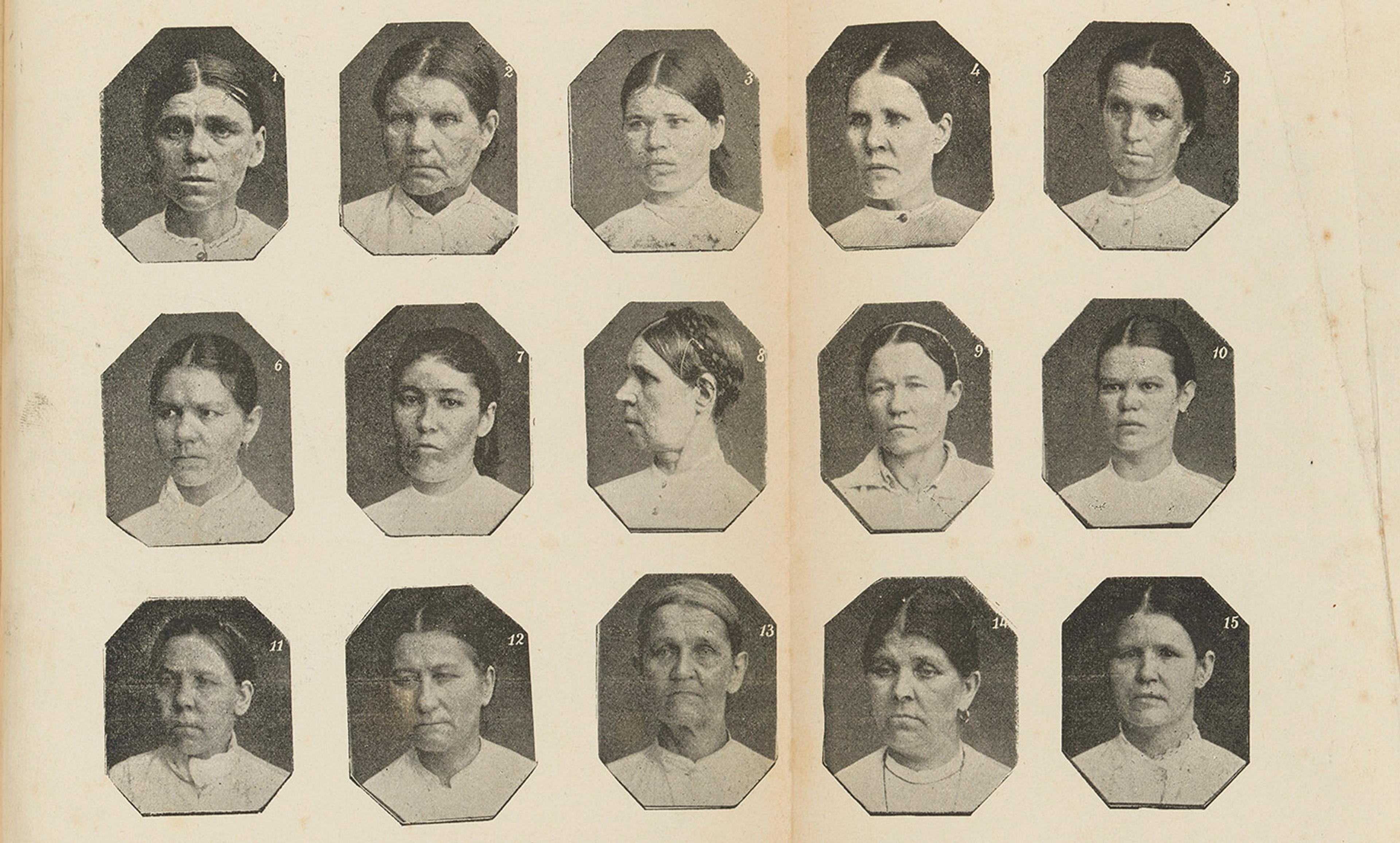 A vintage photo of 15 mugshots of women, arranged in a 3x5 grid on a beige background page.
