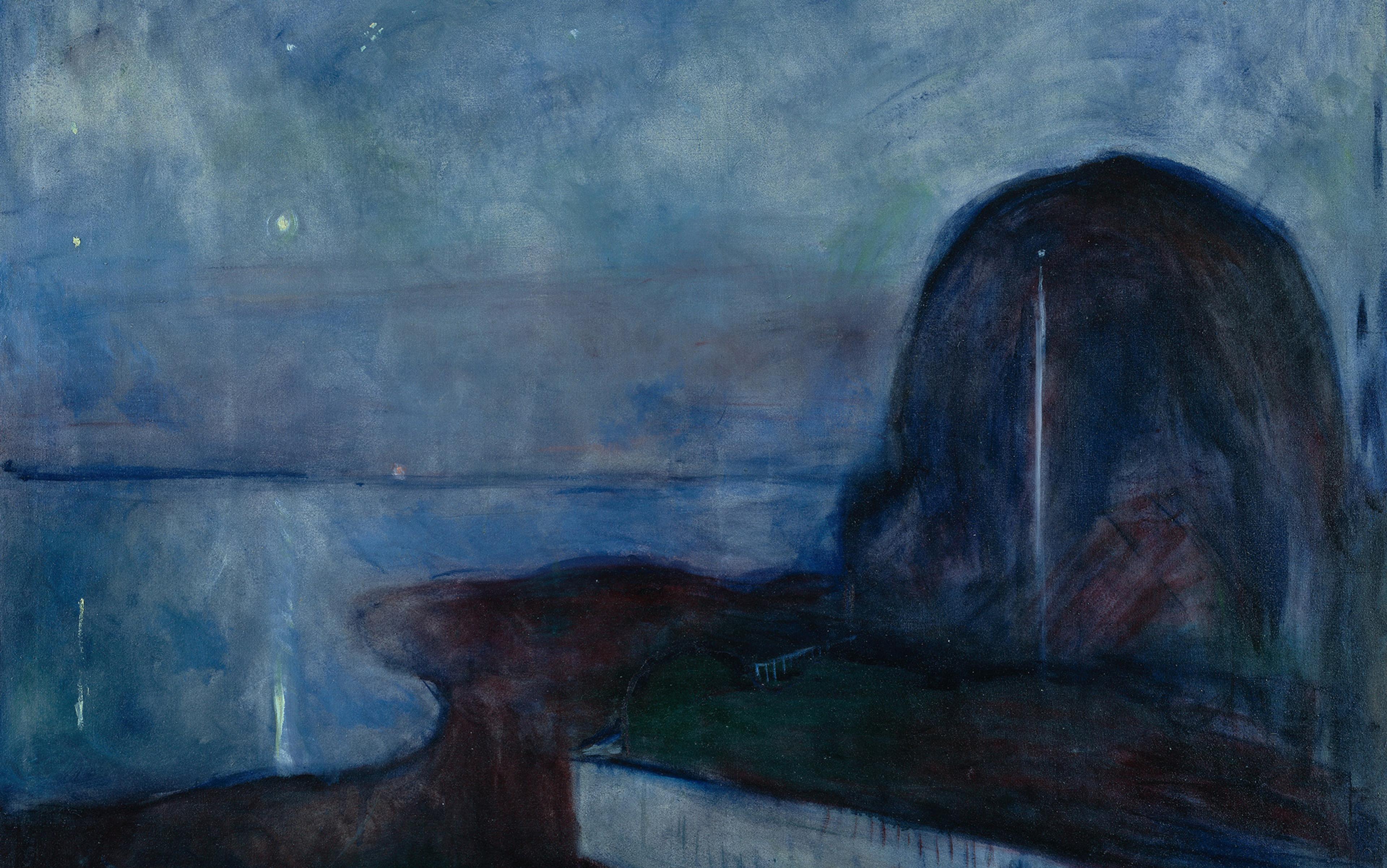A moody seascape painting featuring a dark cliff on the right, a calm sea, and a starry night sky, all rendered in dark, cool blue tones.