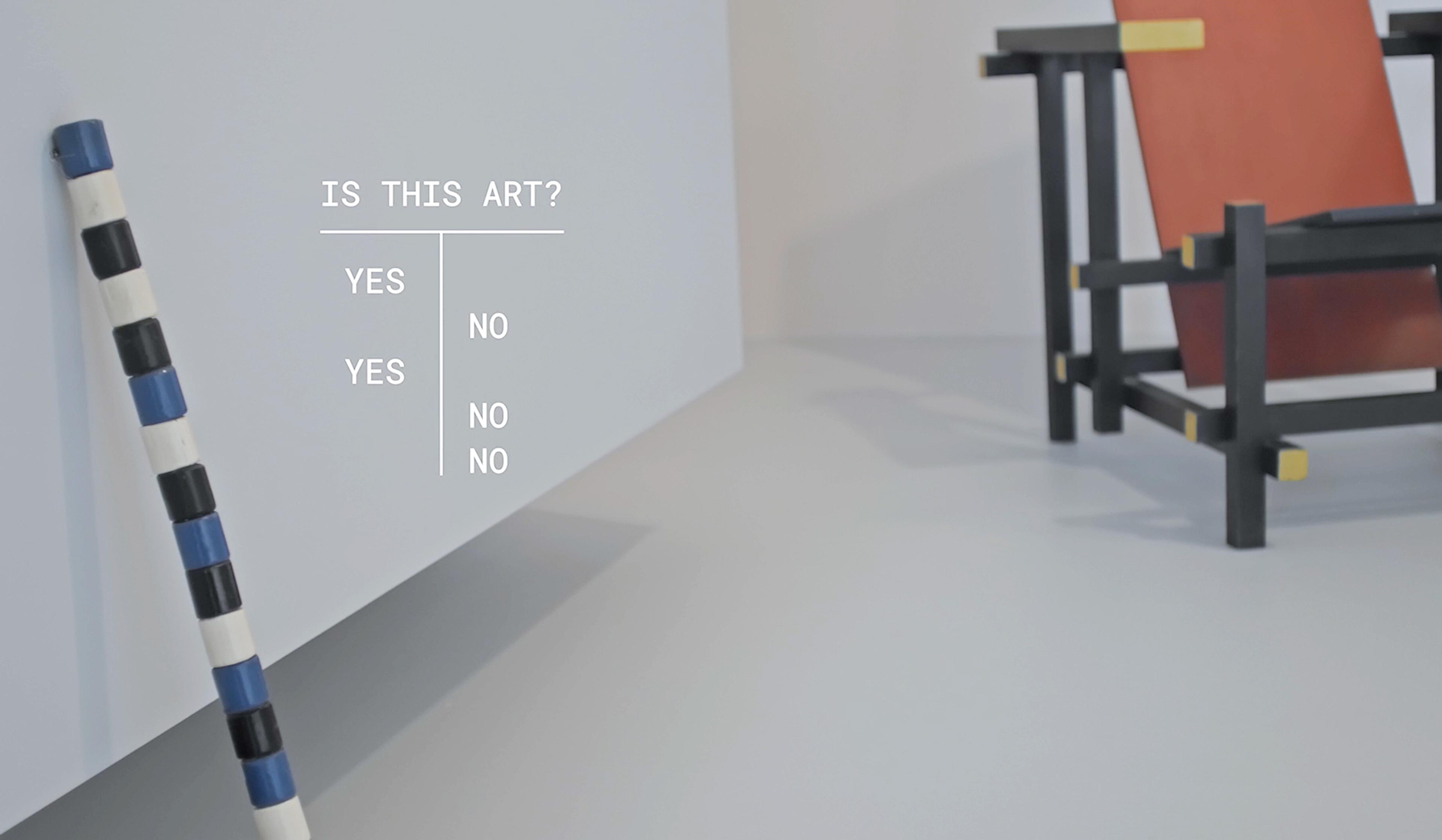 Photo of a chair and a striped pole, with the overlaid text “IS THIS ART?” and the possible answers “YES NO YES NO NO”.