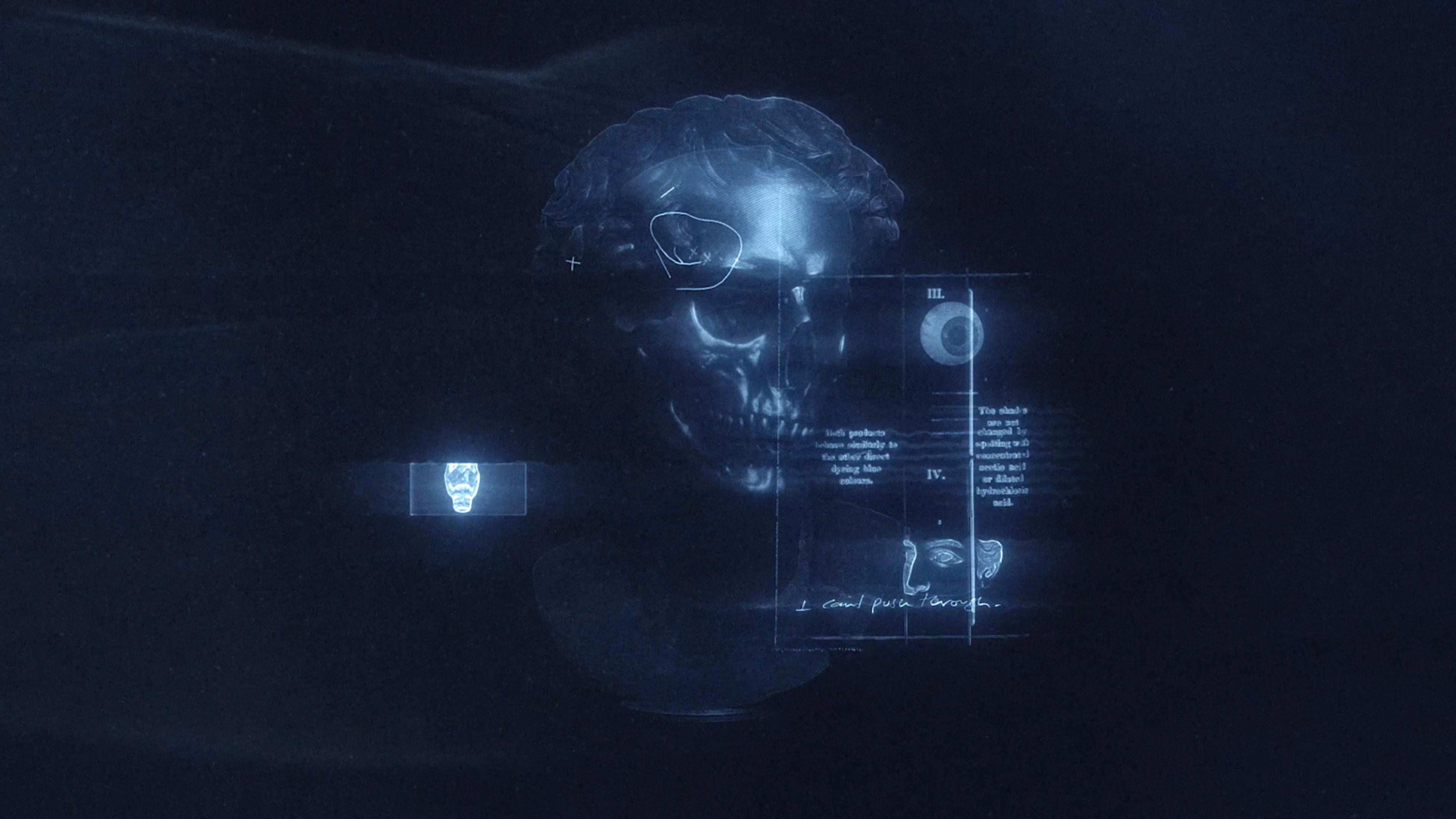 Digital artwork of a skull with holographic elements and text overlays on a dark background.