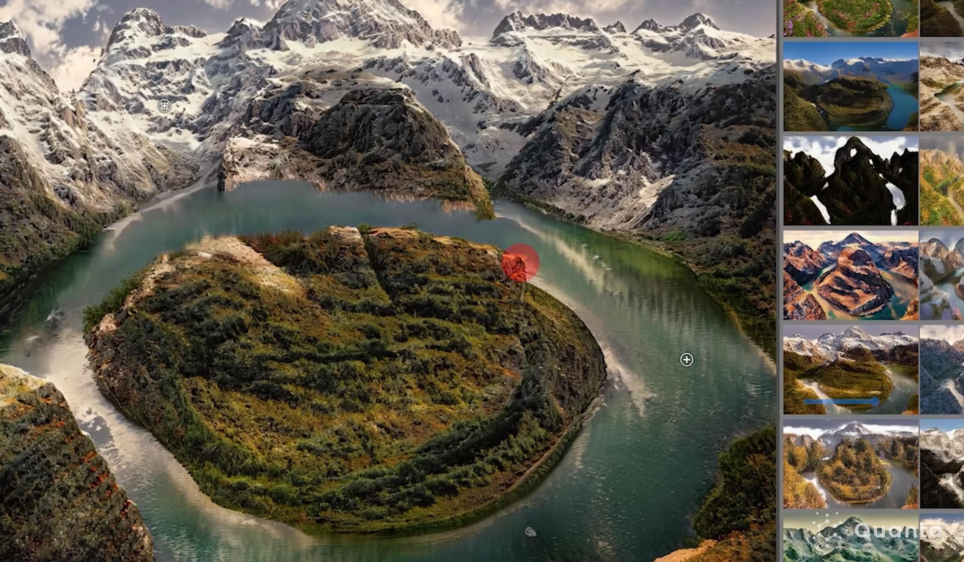 Aerial view of a river winding through a lush green valley surrounded by snow-capped mountains with a few red marked spots.