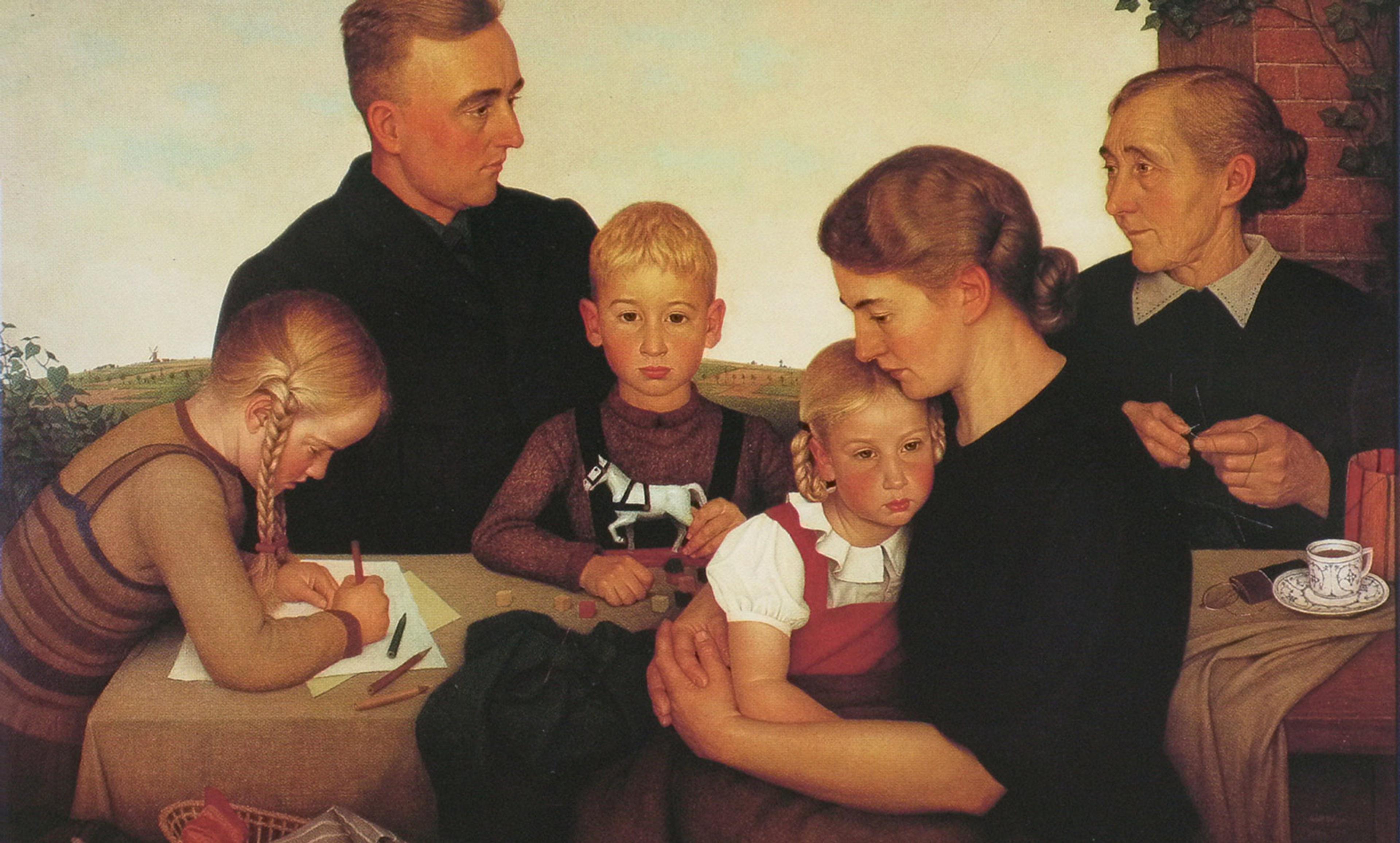 Painting of a family gathered around a table featuring a man, woman, elderly woman, two girls and a boy with countryside backdrop