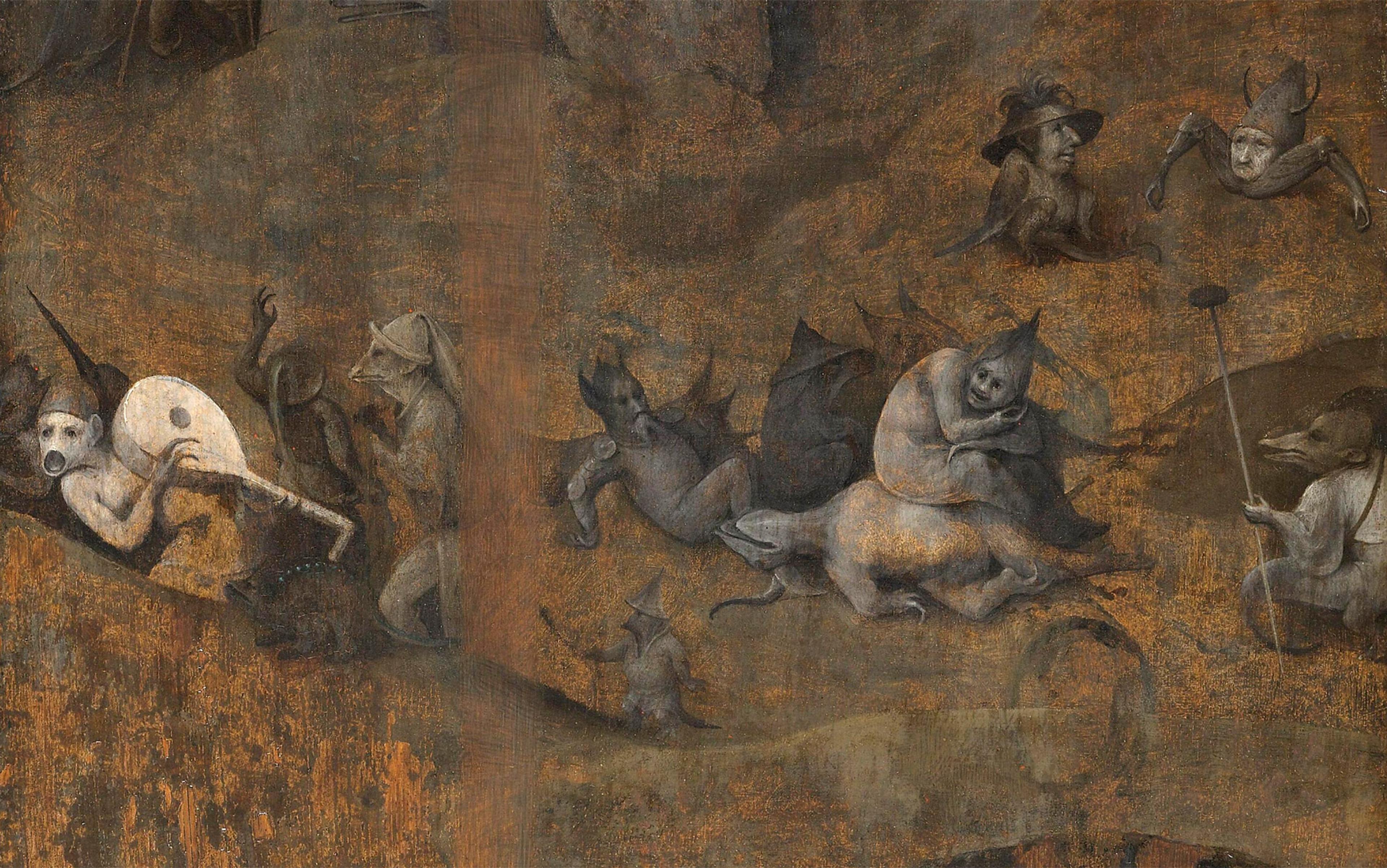 Surreal painting of fantastical creatures engaged in various activities, including playing a musical instrument, riding animals, and interacting with each other.