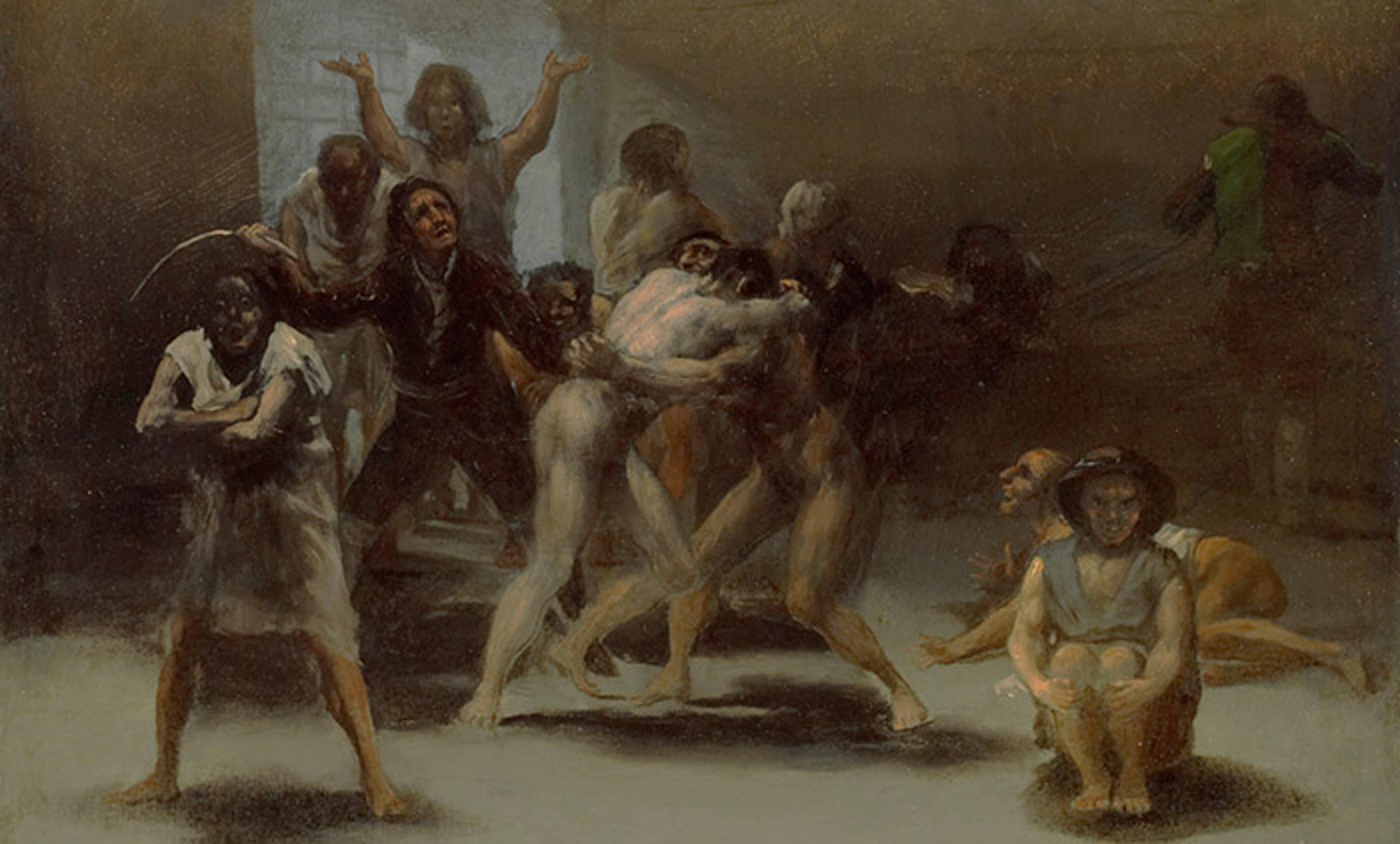 Painting depicting several distressed, partially clothed figures in a chaotic scene, with dark earthy tones and a dimly lit atmosphere.