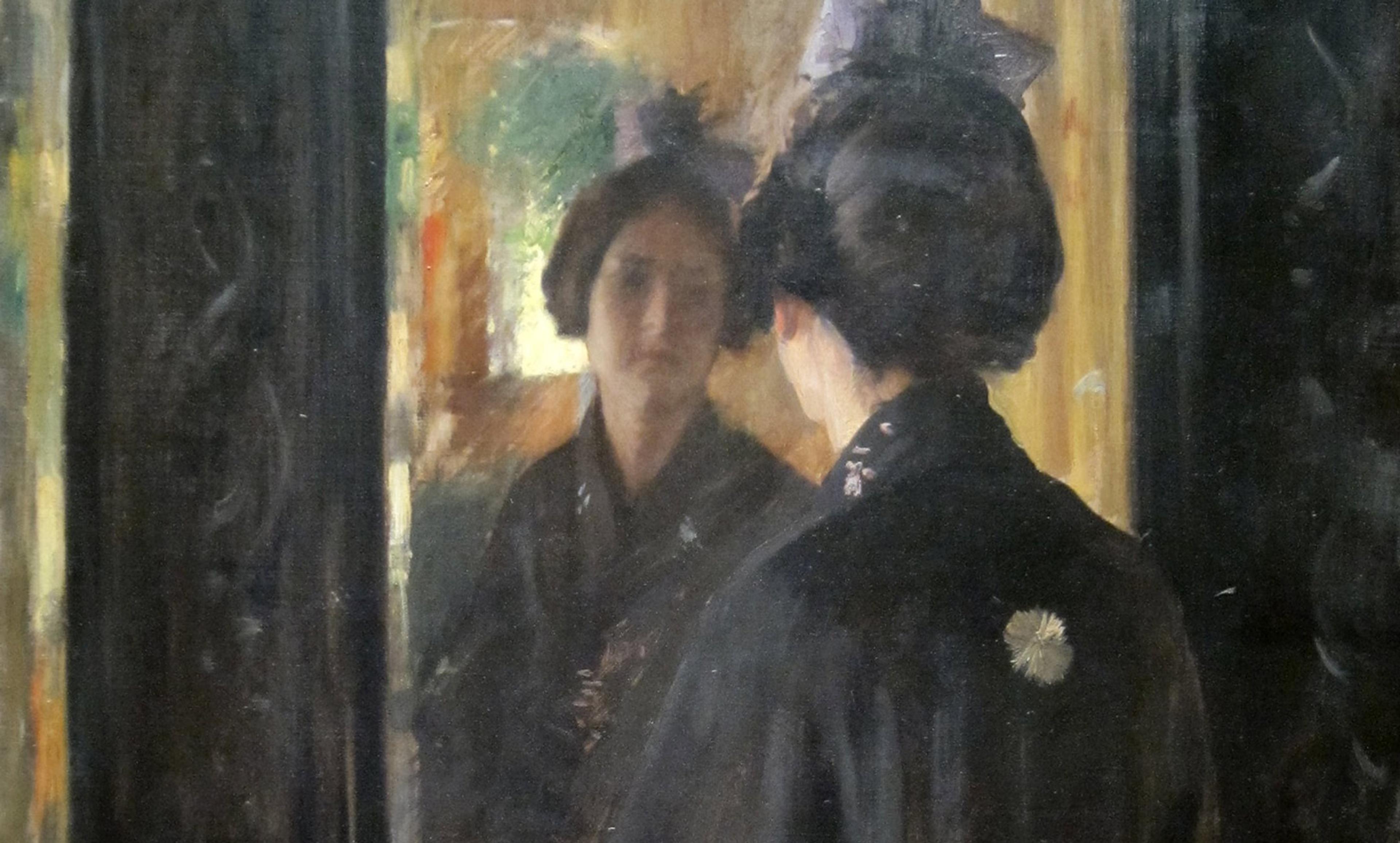 A historic painting of a woman viewed from behind looking at herself in a mirror, her reflection showing her face and part of her outfit.