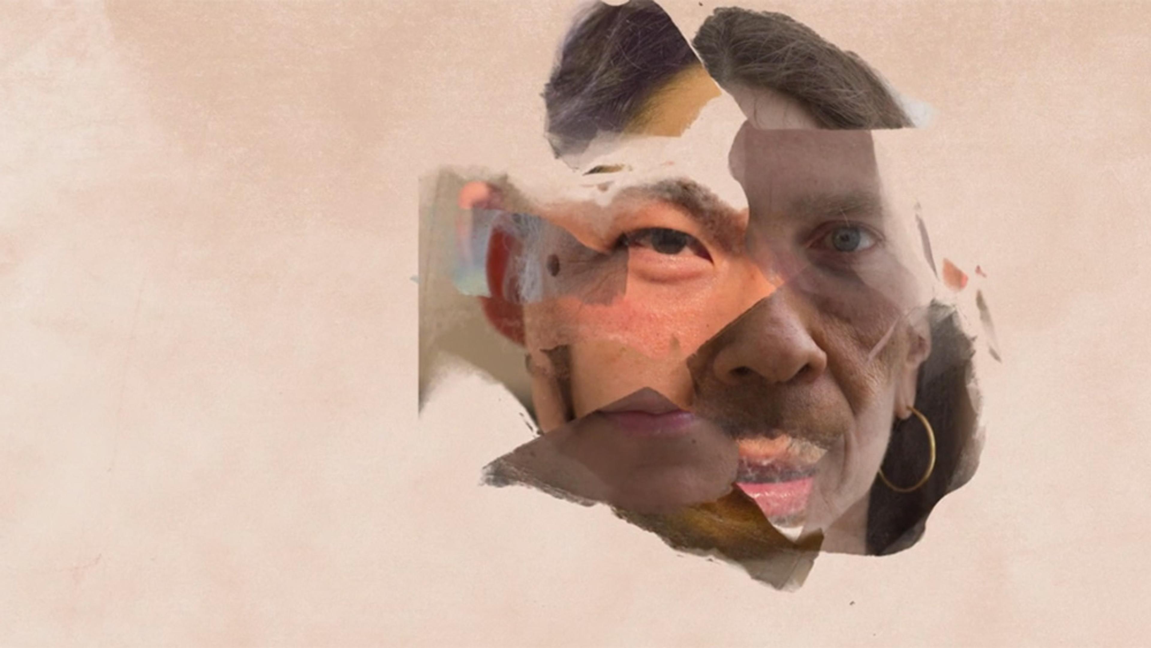 Collage of three people’s faces on beige background, creating a composite portrait. Image appears to be digitally created.