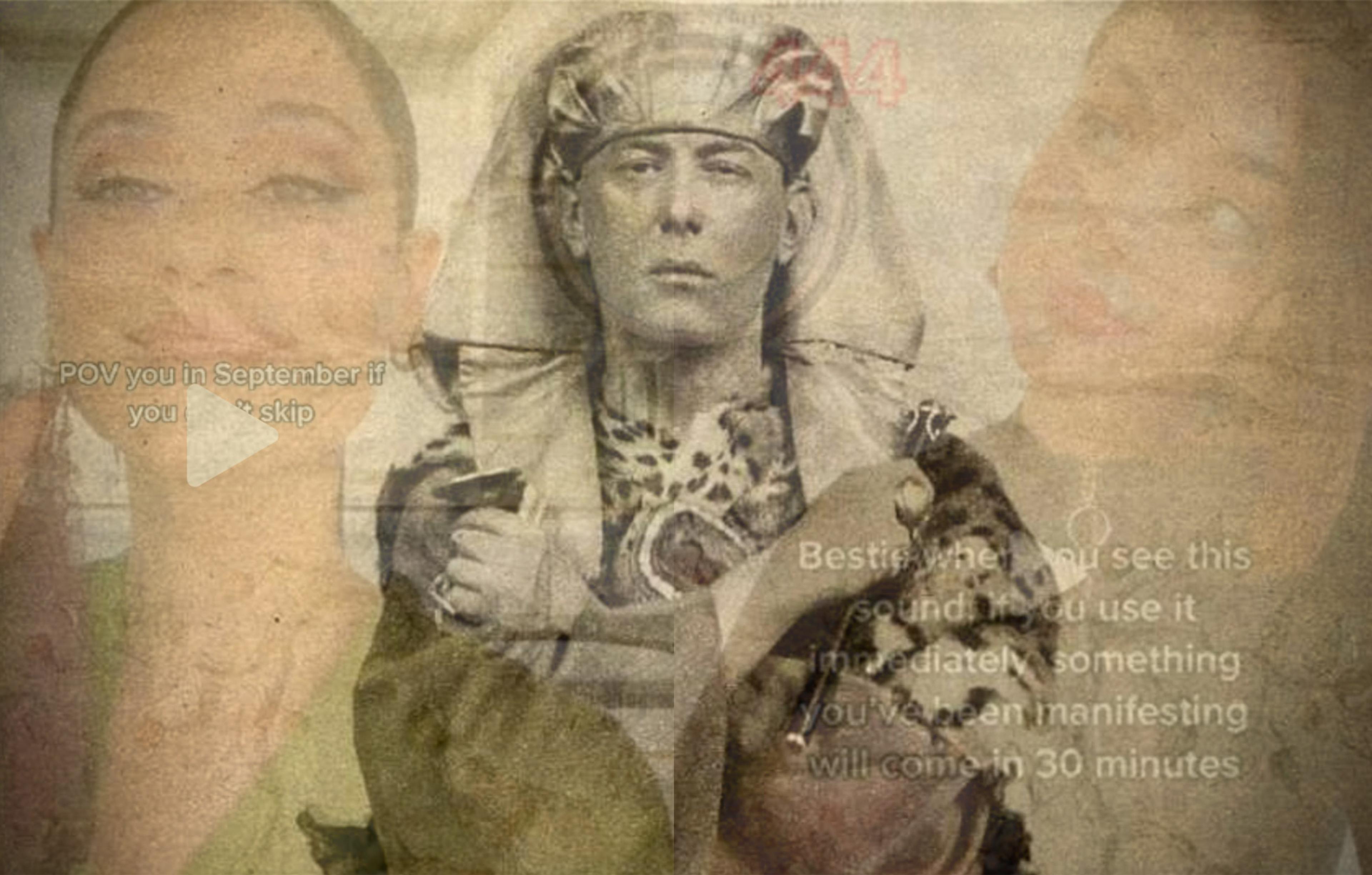 Blended images of a historical figure in traditional attire and two women with on-screen text: “POV you in September…” and “Bestie… manifesting will come in 30 minutes.”