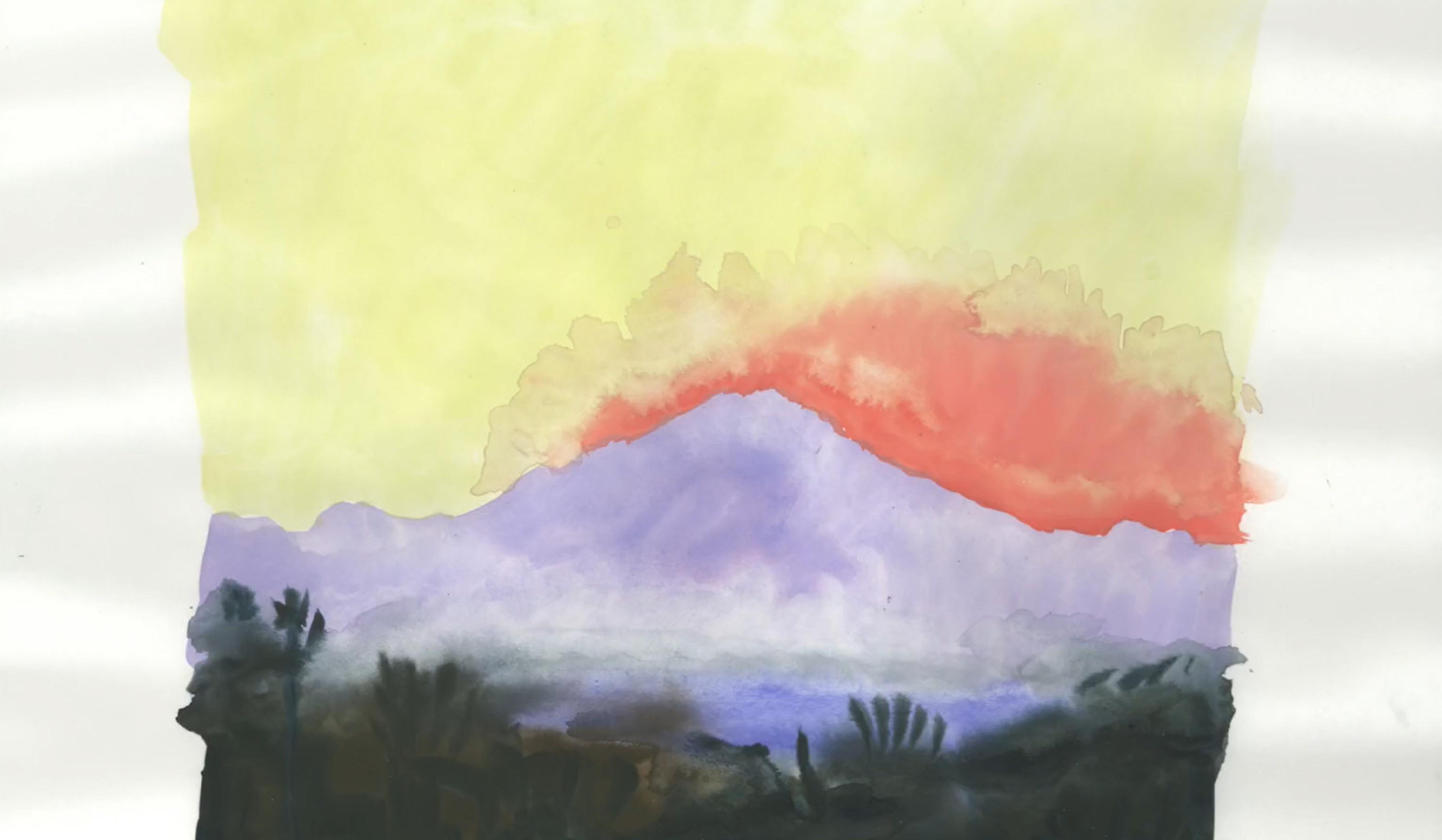 Watercolour painting of a landscape with a vivid yellow sky, a band of orange clouds, and a purple mountain. The foreground is dark with indistinct foliage.