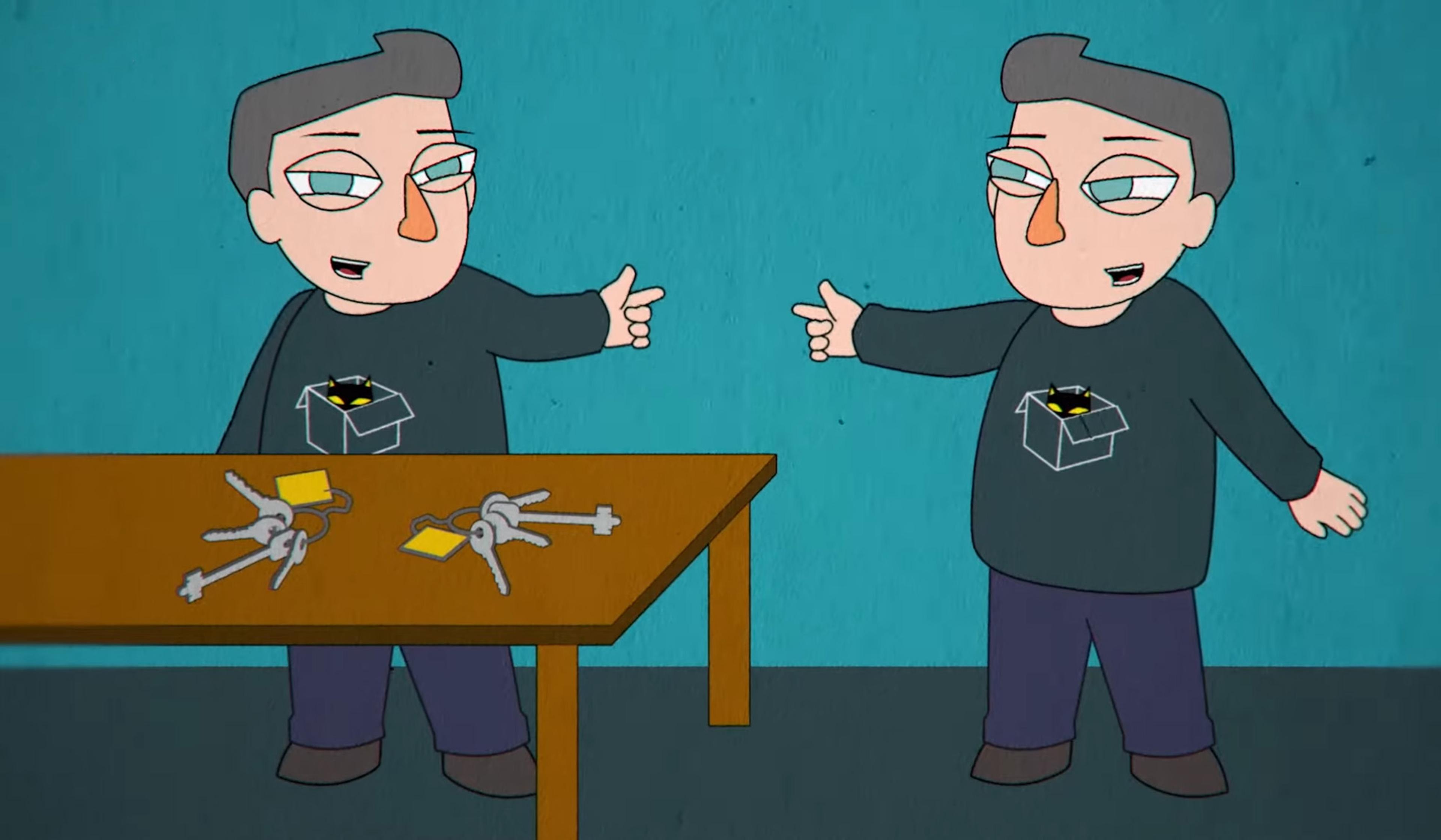 Two animated identical characters pointing at each other, one standing next to a table with sets of keys.
