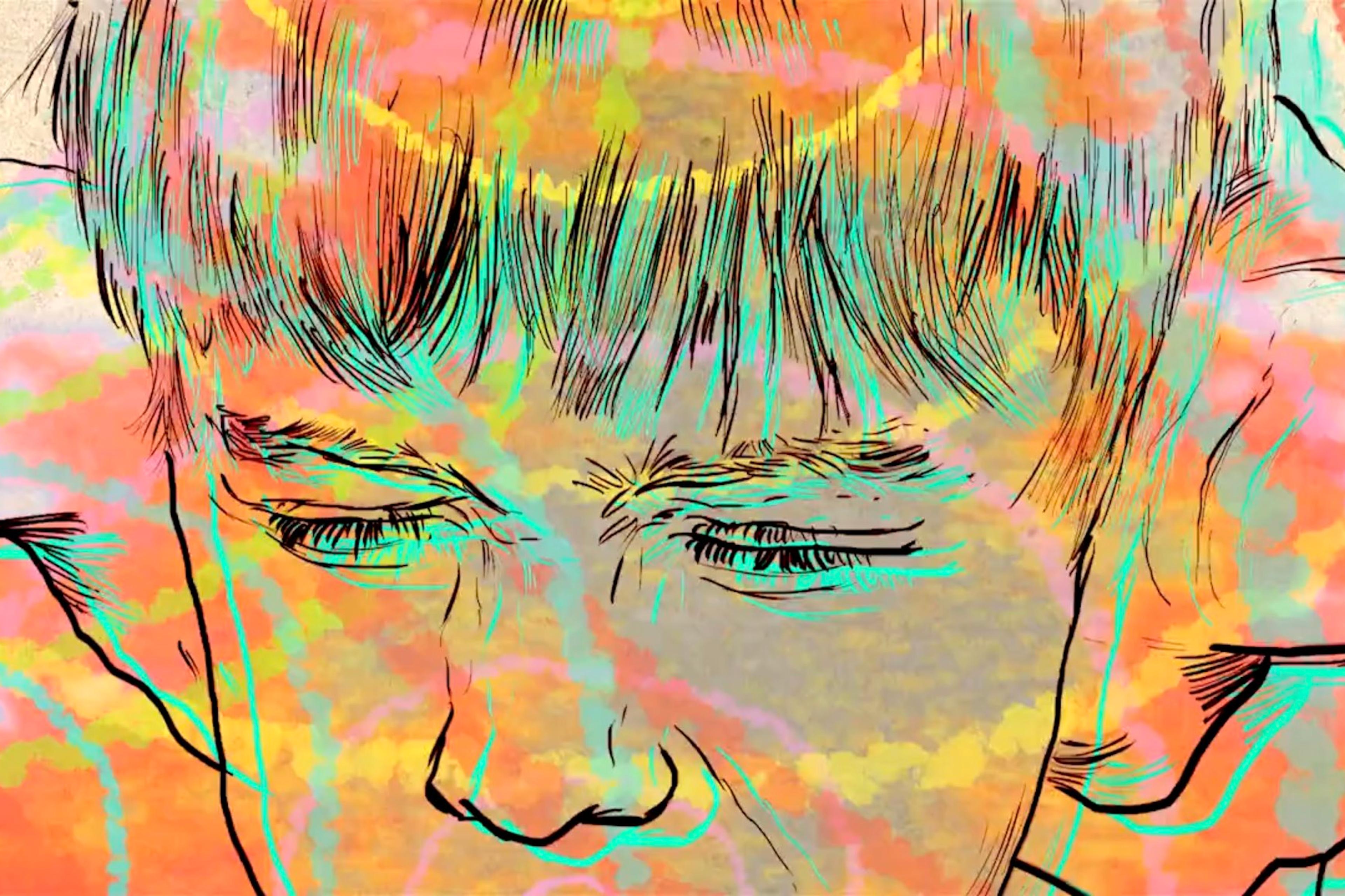 Colourful abstract illustration of a person with closed eyes, featuring vibrant brushstrokes and line work in shades of orange, yellow, green, pink and blue.