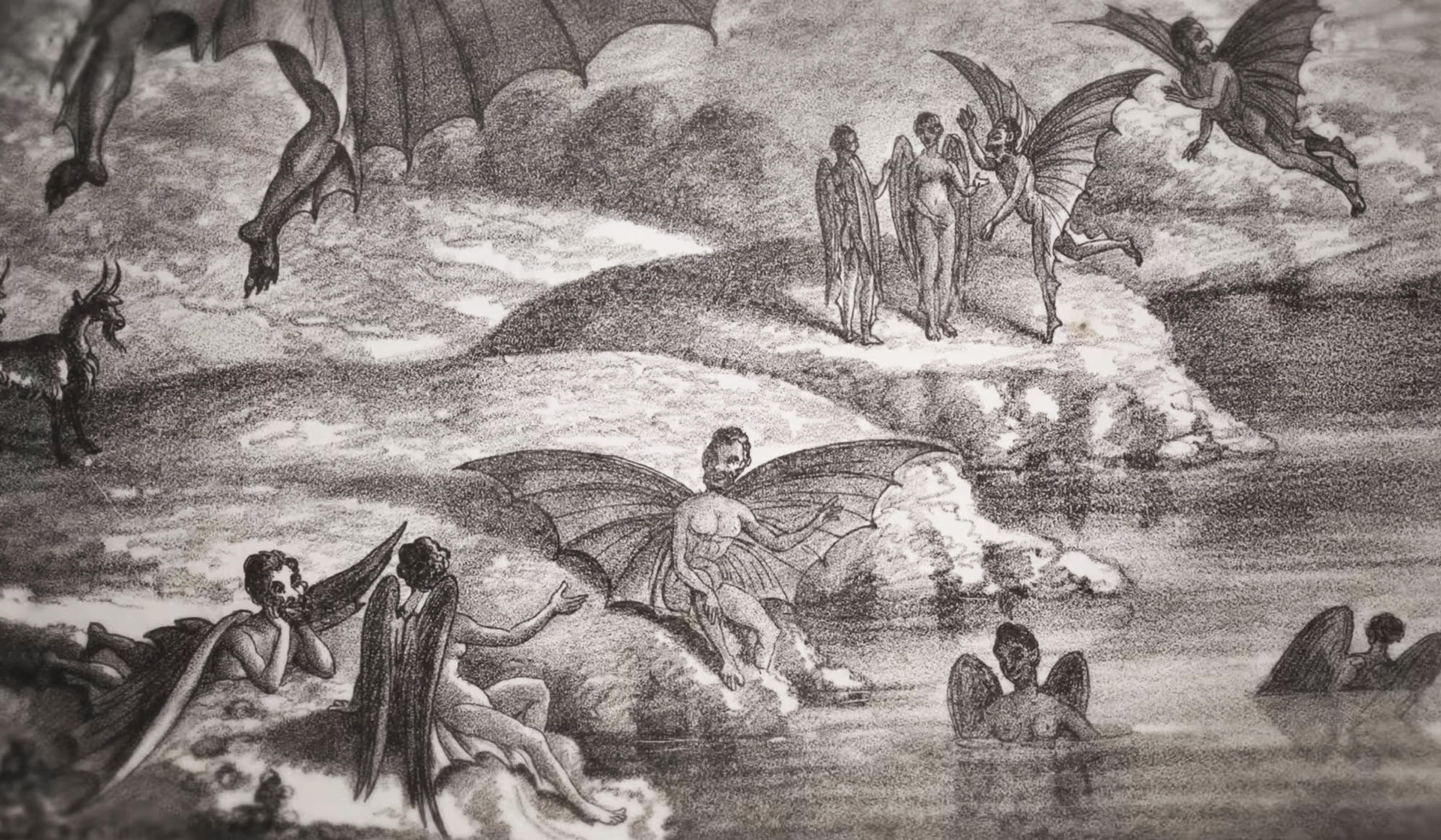 Illustration of humanoid creatures with bat-like giant wings, in various activities near water and land, with a goat-like figure in the background.
