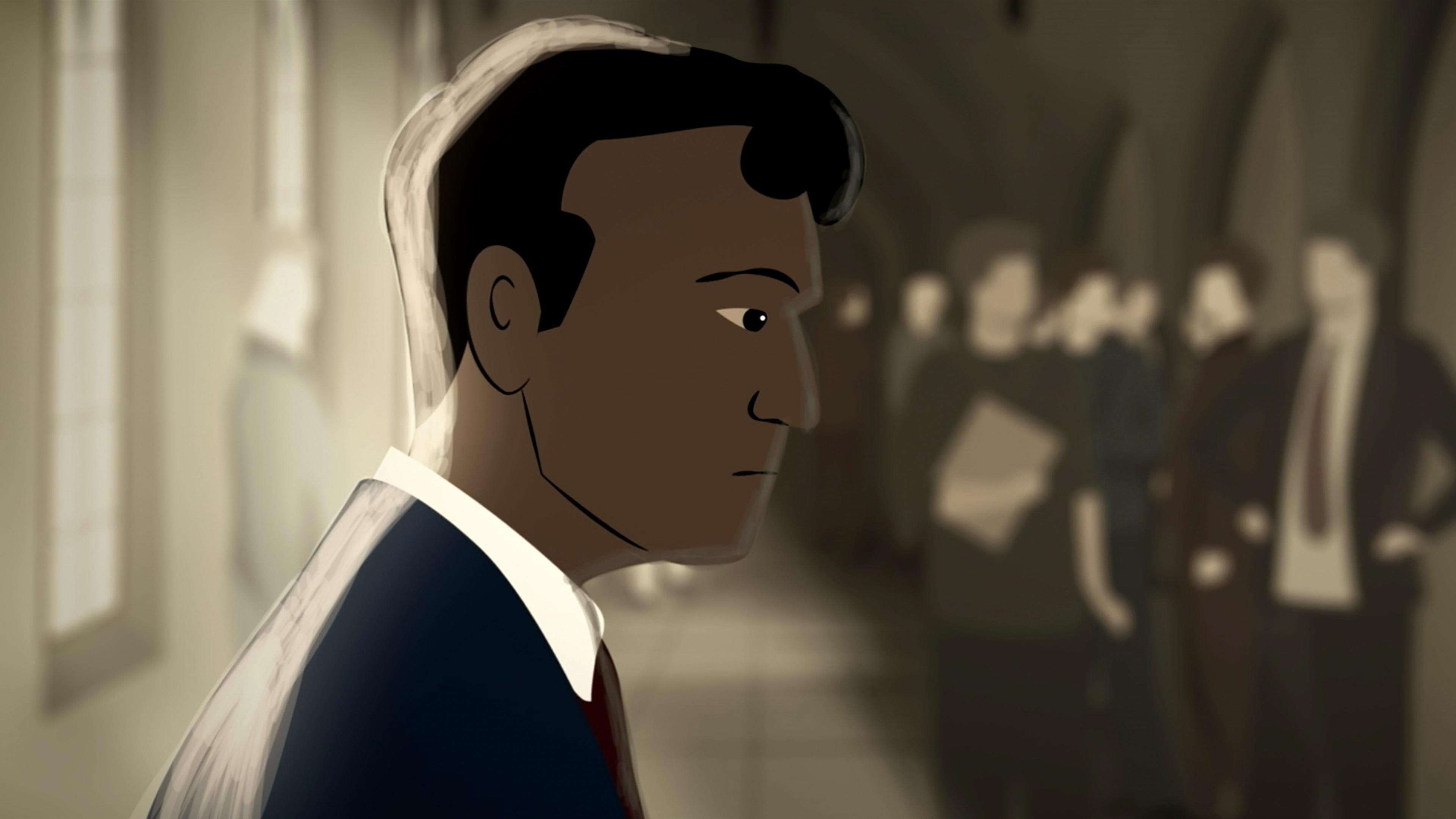 Illustration of a man in a suit, looking down, with a background of indistinct figures in a hallway. The colours are muted, creating a sombre atmosphere.