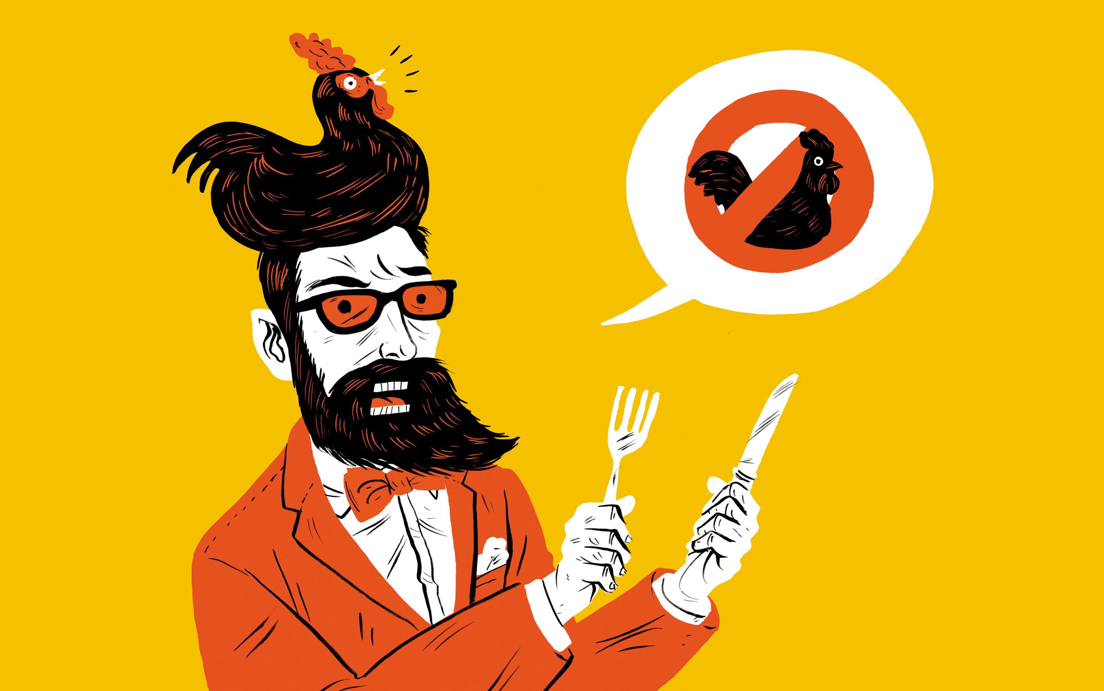 Illustration of a man with a chicken as his hair holding a fork and knife, a speech bubble with a crossed-out chicken symbol.