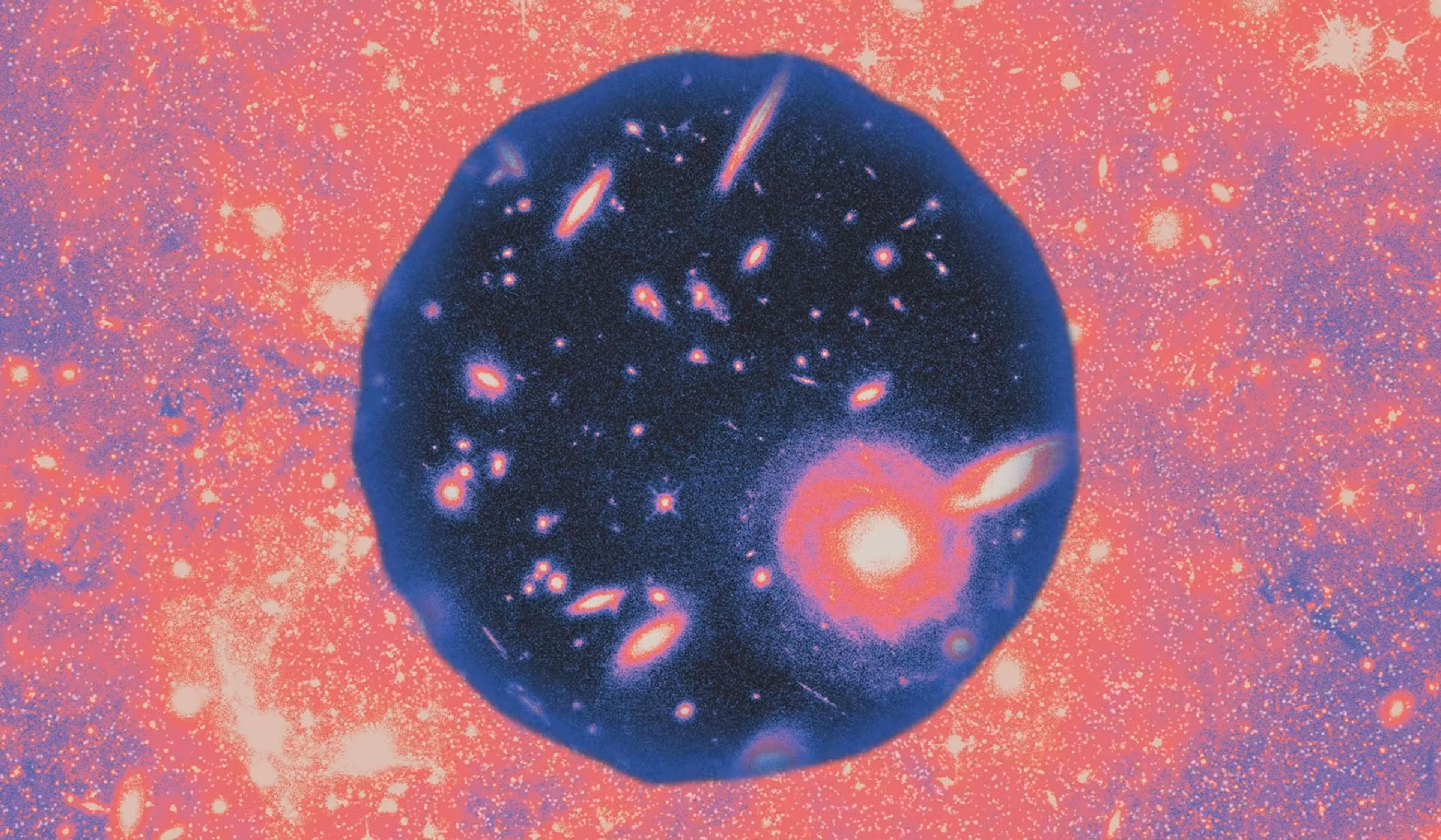 A stylised image of a starry sky with galaxies and stars on a bright pink and blue background.