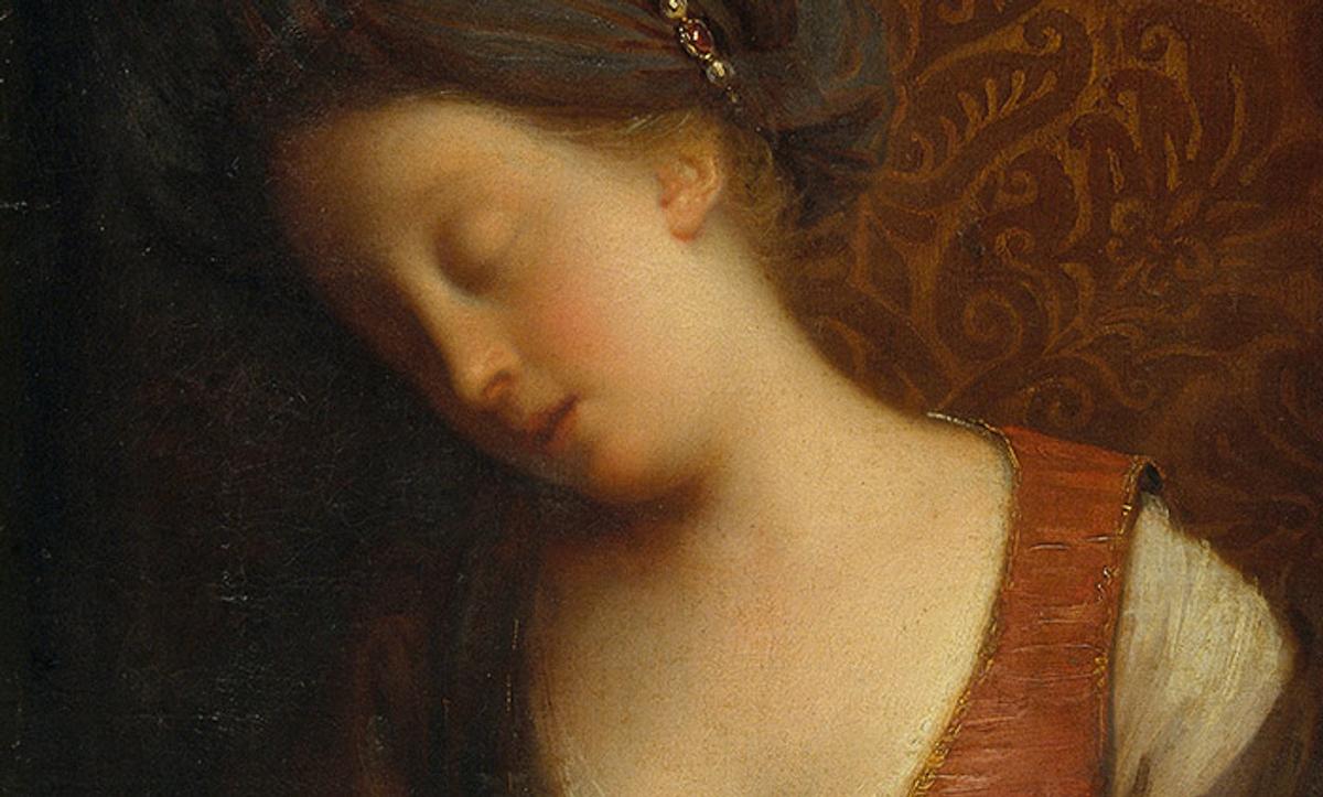 Neoclassical painting of a woman with closed eyes, head tilted to the left, wearing a red dress with an ornate background.