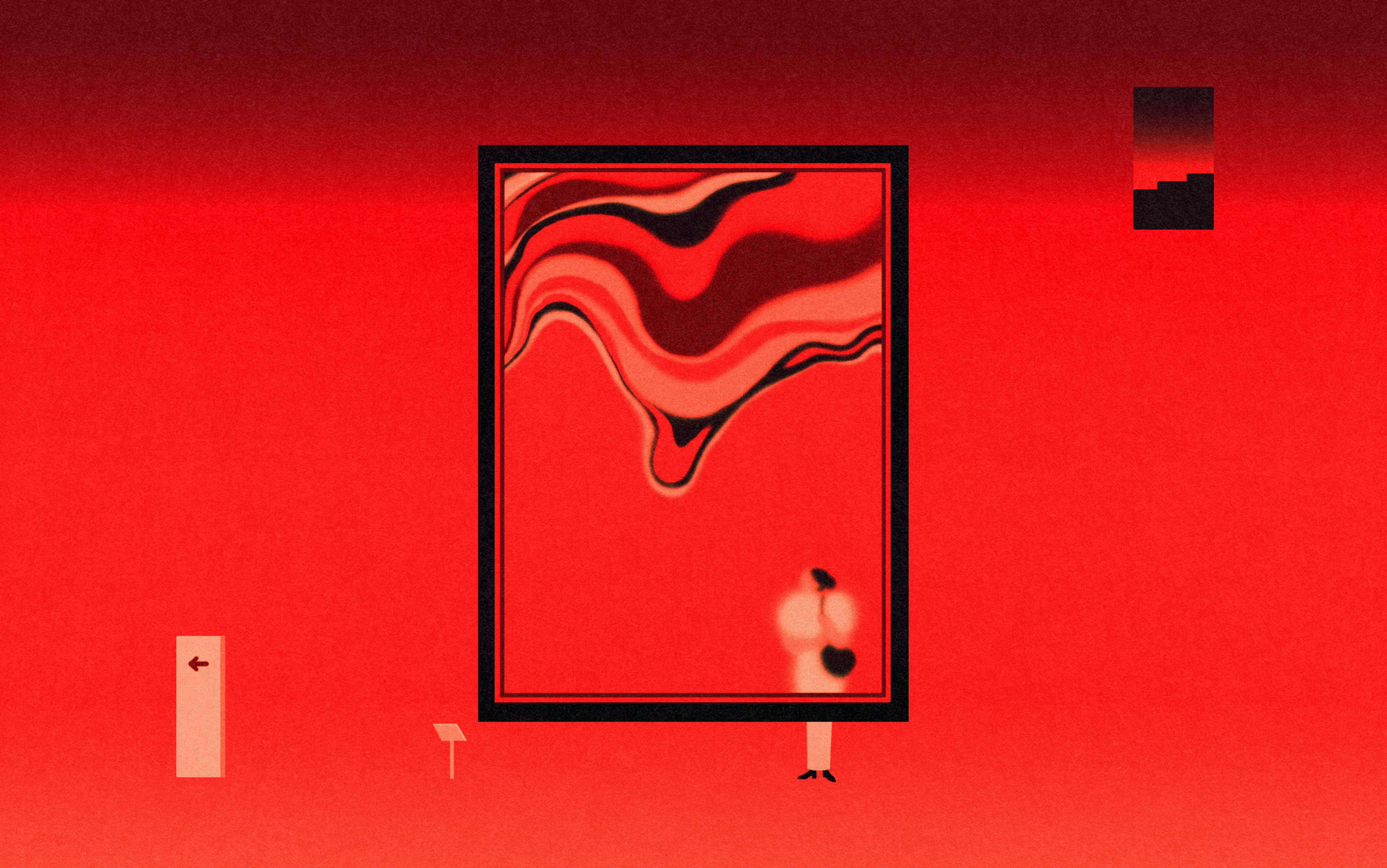 Illustration of a person observing a large, abstract red painting in a gallery with a red gradient background and a small arrow sign to the left.