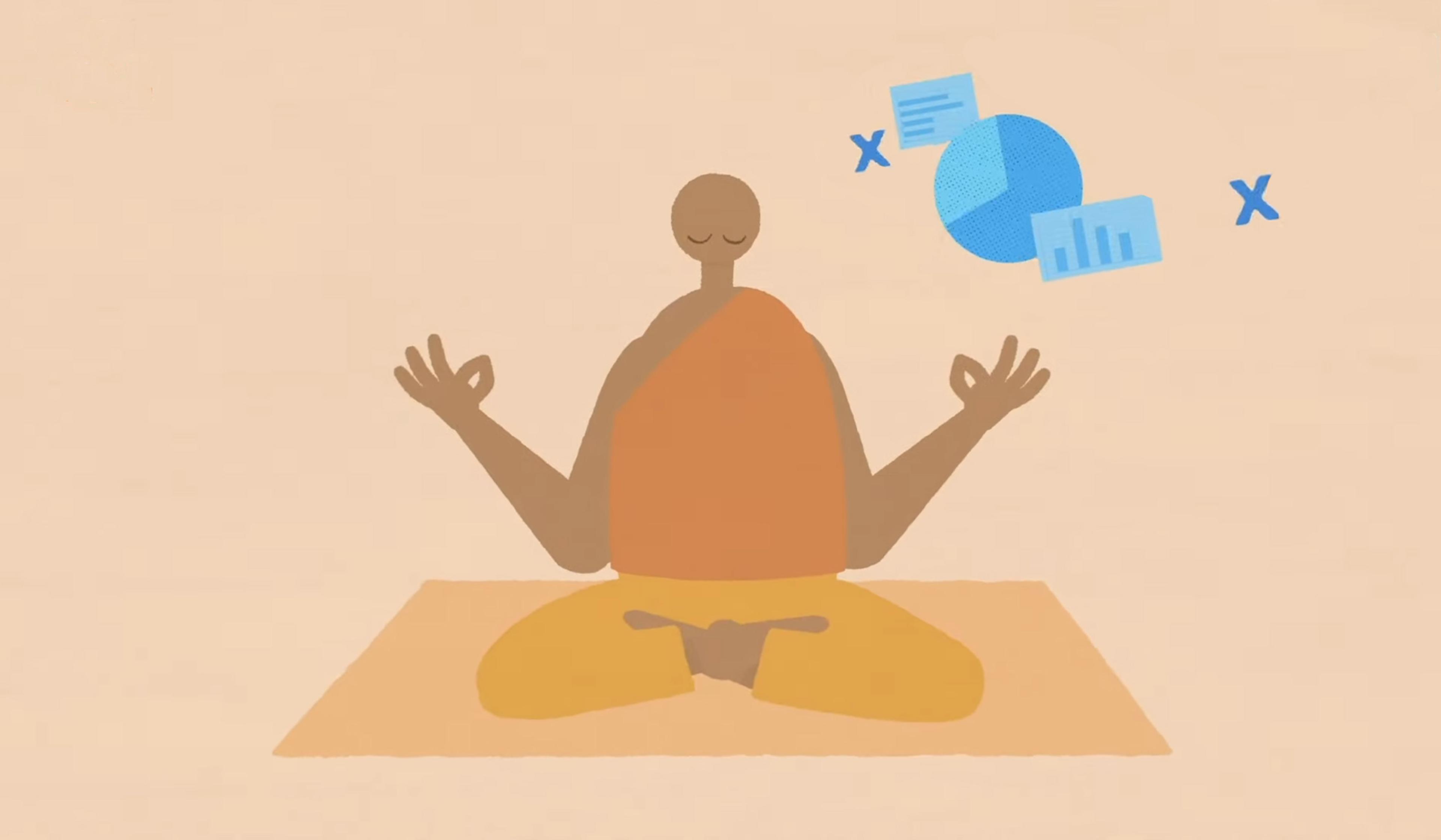 Illustration of a person meditating in a cross-legged position with graphs and documents floating around their head.