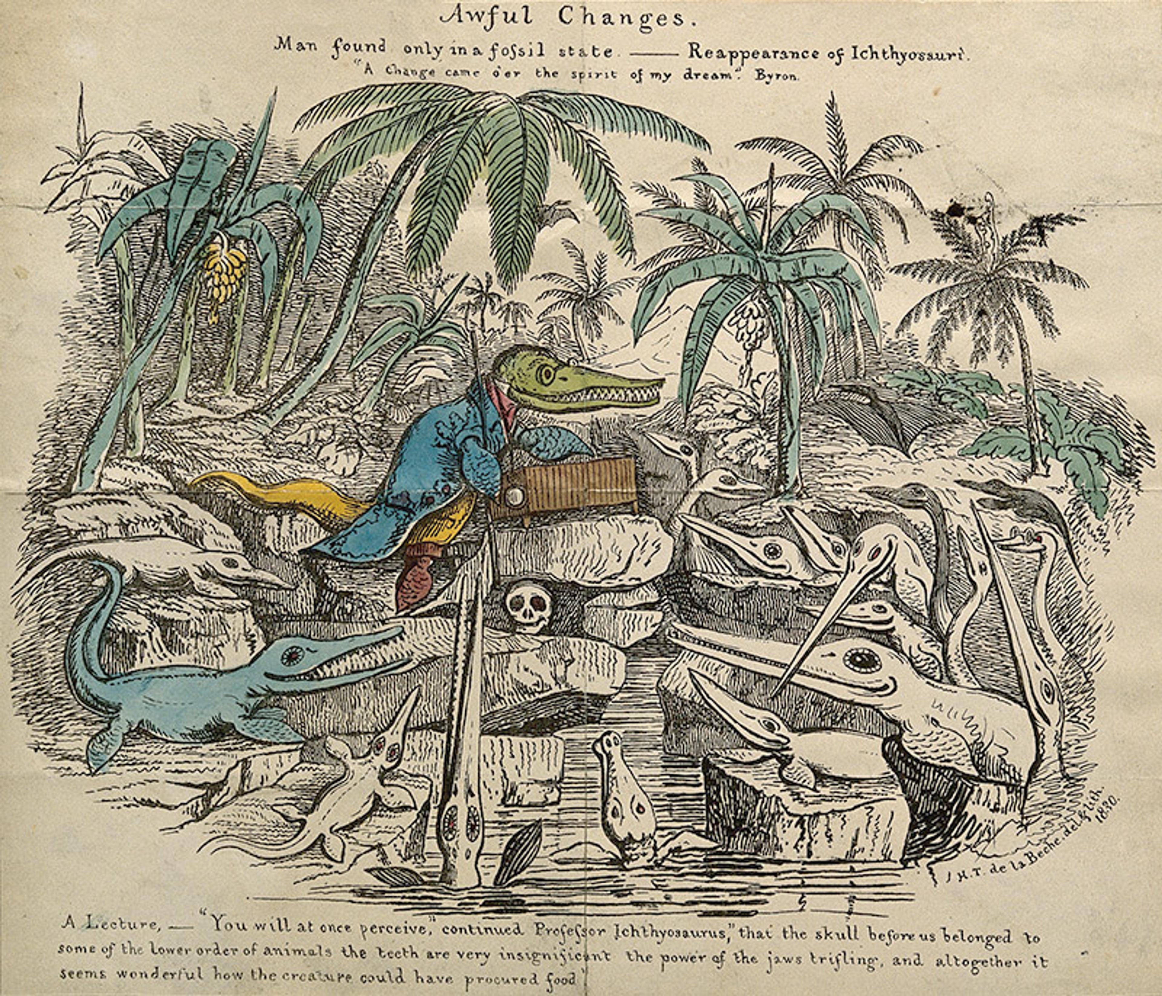 A colour illustration depicting an ichthyosaur lecturing other reptiles in a tropical landscape. Titled “Awful Changes”.