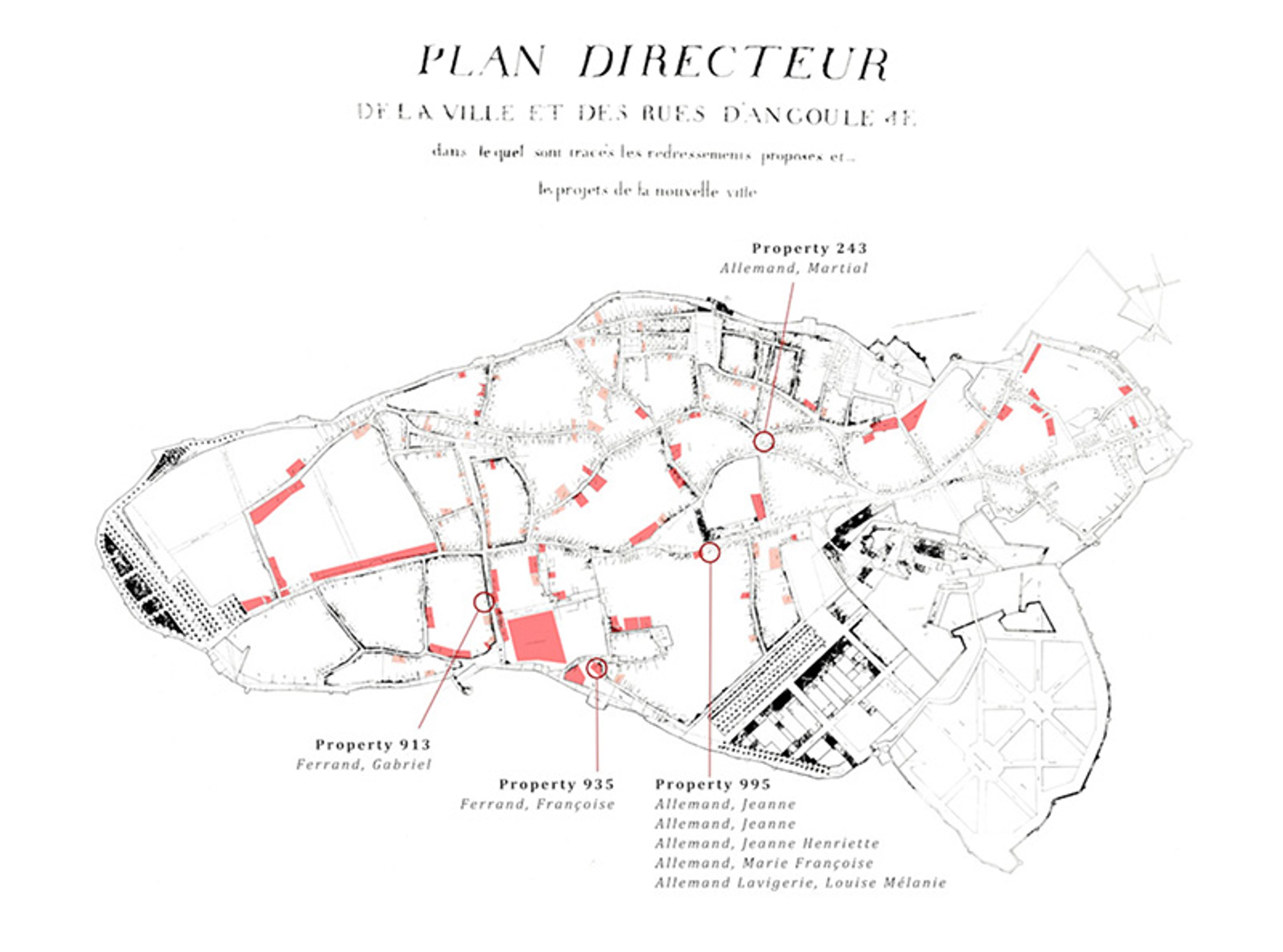 Black and white city plan with red highlights marking various properties. Text in French. Architectural drawing.