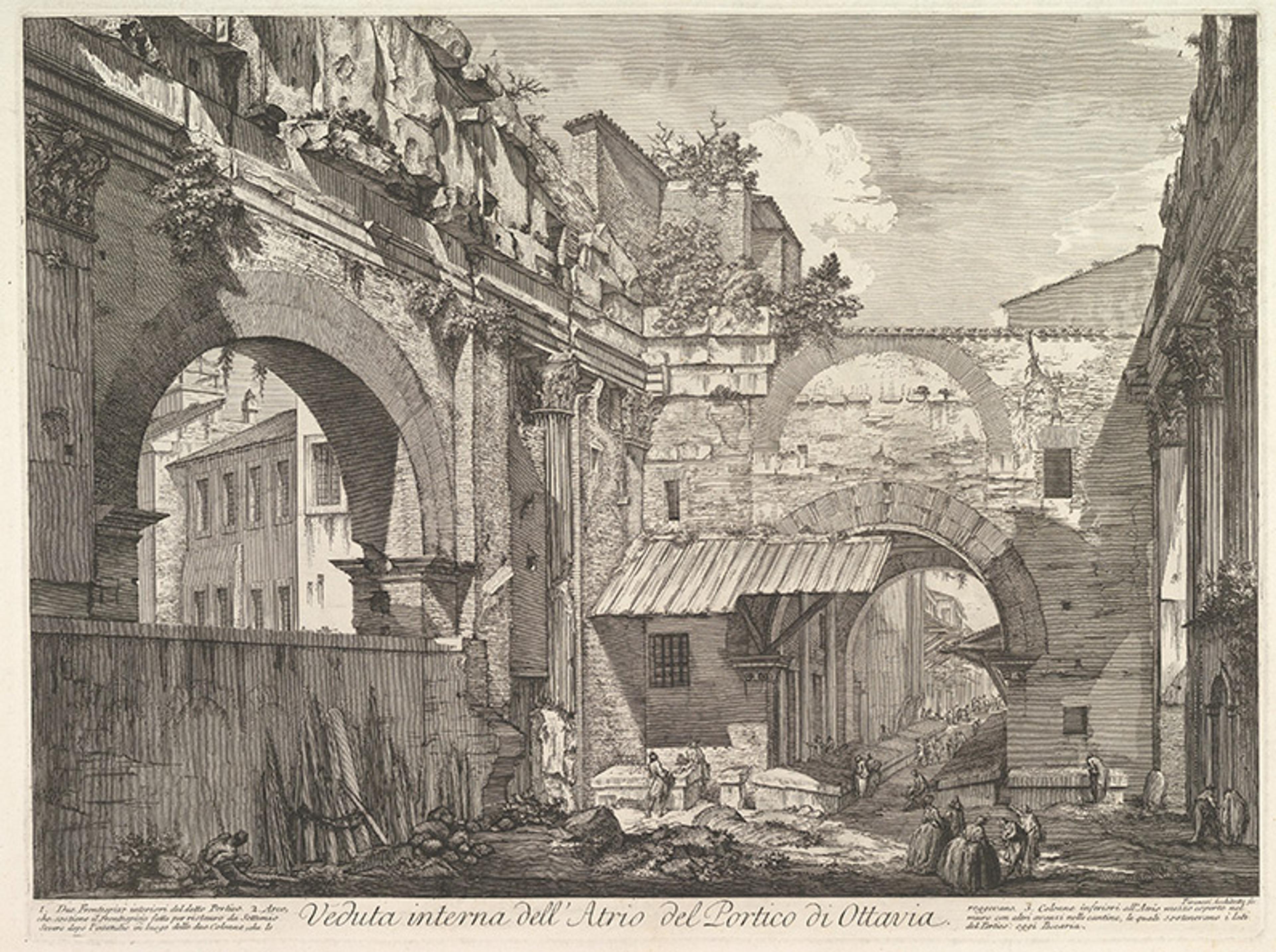 Vintage etching of ancient Roman architecture, including arches, ruins and people on the street; text in Italian at the bottom.