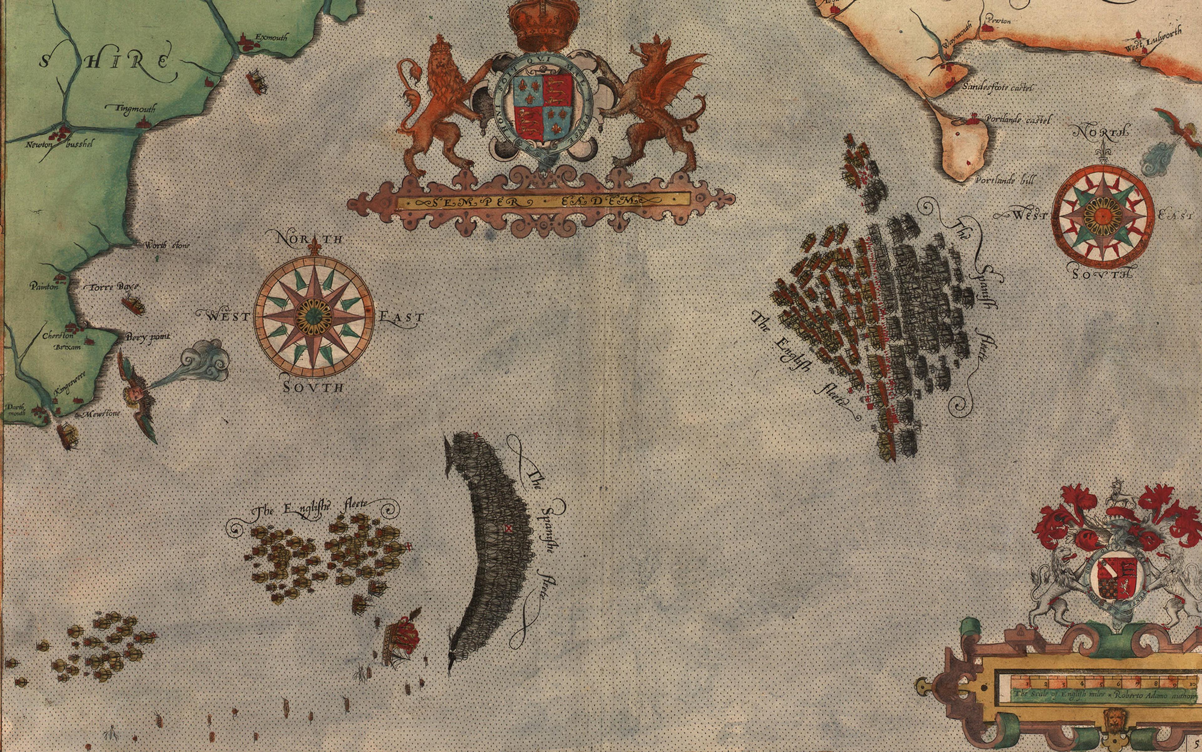Ancient map showing the English and Spanish fleets, compass roses, a royal crest and part of the coastline.